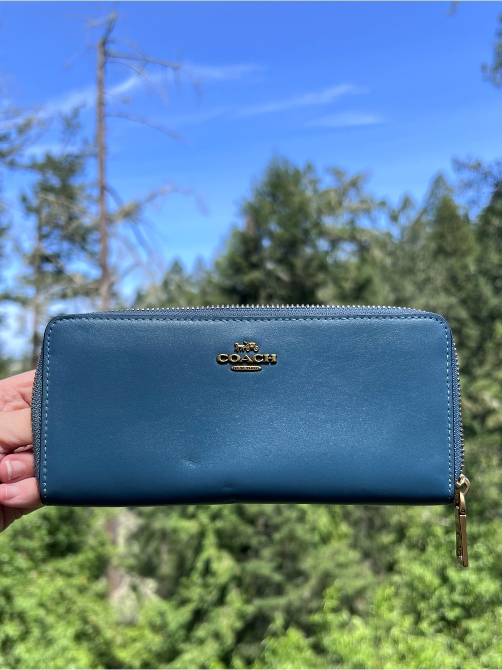 COACH Long Zip-Around Wallet Smooth Calf Leather Blue with Gunmetal Hardware